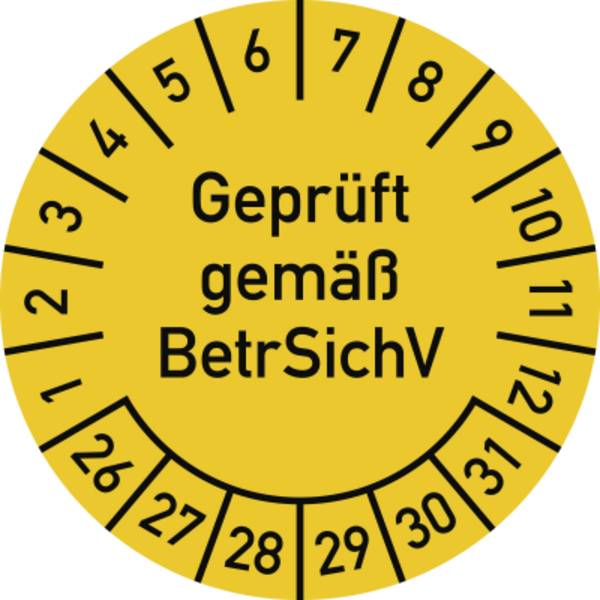 Prüfplakette Geprüft gemäß BetrSichV, 2026-2031, Dokumentenfolie, Ø30 mm, 10 St./Bo.