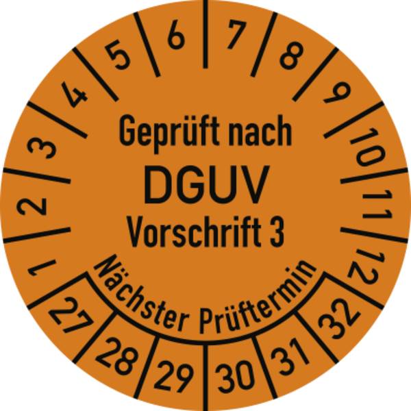 Prüfplakette Geprüft nach DGUV V3..., 2027-2032, Folie, Ø 25 mm, 500 Stück/Rolle