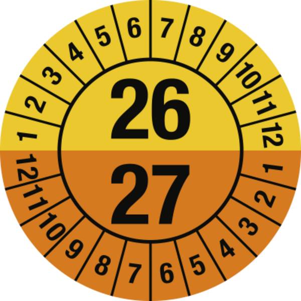 Prüfplakette 2026 - 2027 mit Monaten, Dokumentenfolie, Ø 30 mm, 10 Stück/Bogen