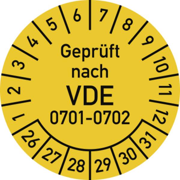 Prüfplakette Geprüft nach VDE 0701-0702 2026-2031, Dokumentenf., Ø30mm, 10 St./Bo.