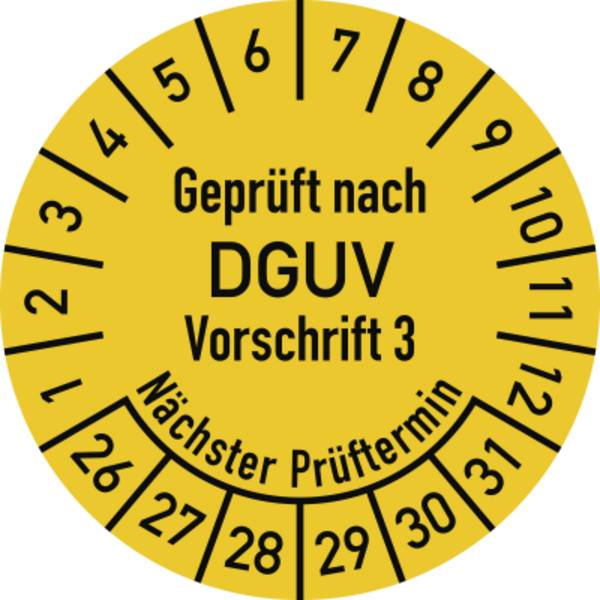 Prüfplakette Geprüft nach DGUV V3 ..., 2026-2031, Folie, Ø 30 mm, 10 Stk./Bog.