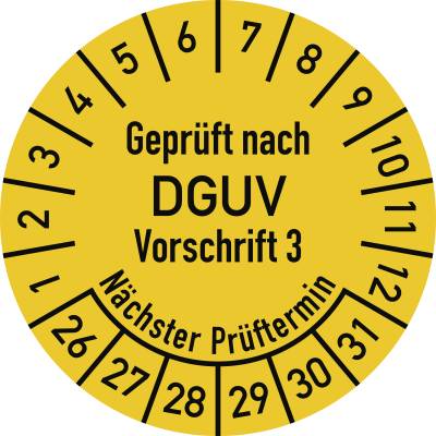 Prüfplakette Geprüft n. DGUV V3..., 2026-2031, Dokumentenfolie, Ø 25 mm, 10 St./Bo.-0