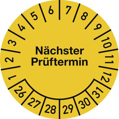 Prüfplakette Nächster Prüftermin 2026-2031, Dokumentenfolie, gelb, Ø20mm, 10 St./Bo.-0