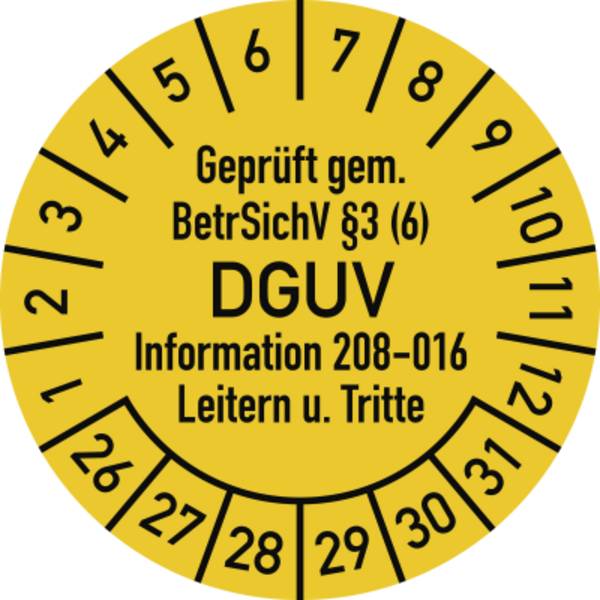 Prüfplakette Geprüft...BetrSichV...DGUV, 2026-2031, Folie, Ø 30 mm, 10 Stk./Bog.