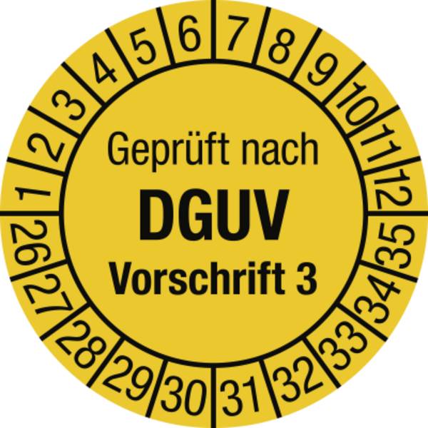 Prüfplakette Geprüft nach DGUV Vorsch. 3, 2026-2035, Folie, Ø 30 mm, 10 St./Bo.