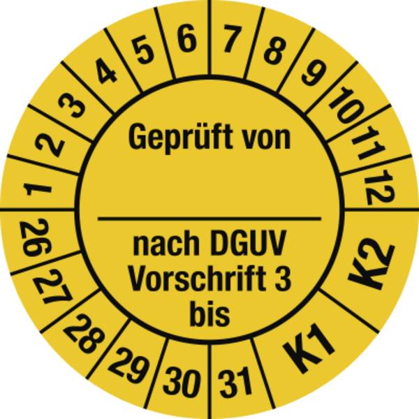 Prüfplakette Geprüft...DGUV Vorschrift 3 bis, 2026-2031, Folie, Ø 30 mm, 10 St./Bo.