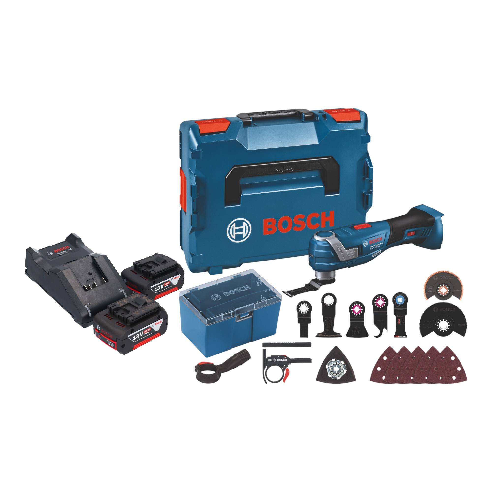 Bosch GOP 18V-34 Professional Akku Multi Cutter 18 V Starlock Plus + 2x Akku 5,0 Ah + Ladegerät + 17 tlg.-0