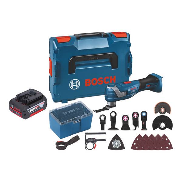Bosch GOP 18V-34 Professional Akku Multi Cutter 18 V Starlock Plus + 1x Akku 4,0 Ah + 17 tlg. Zubehör + L-Boxx