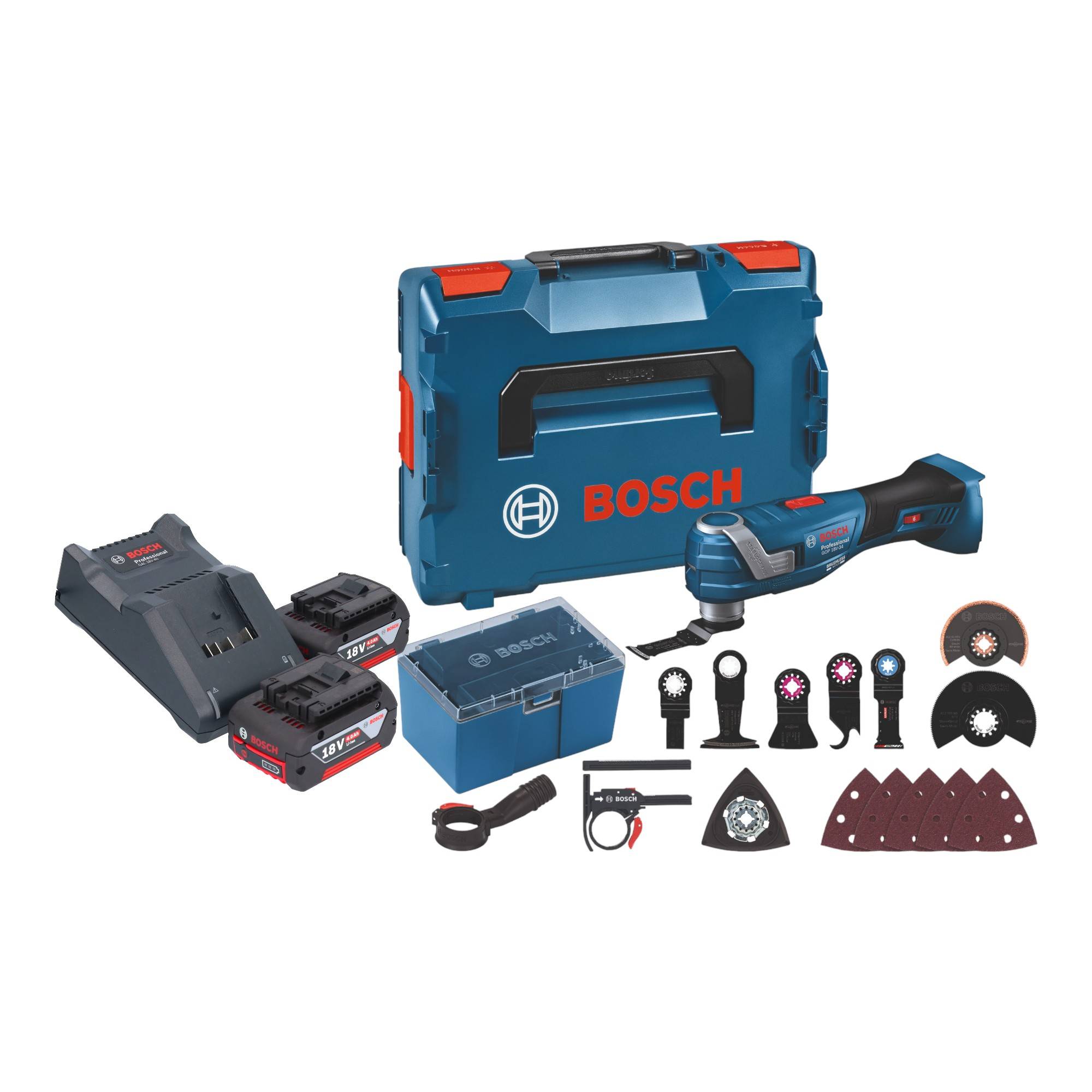 Bosch GOP 18V-34 Professional Akku Multi Cutter 18 V Starlock Plus + 2x Akku 4,0 Ah + Ladegerät + 17 tlg.-0
