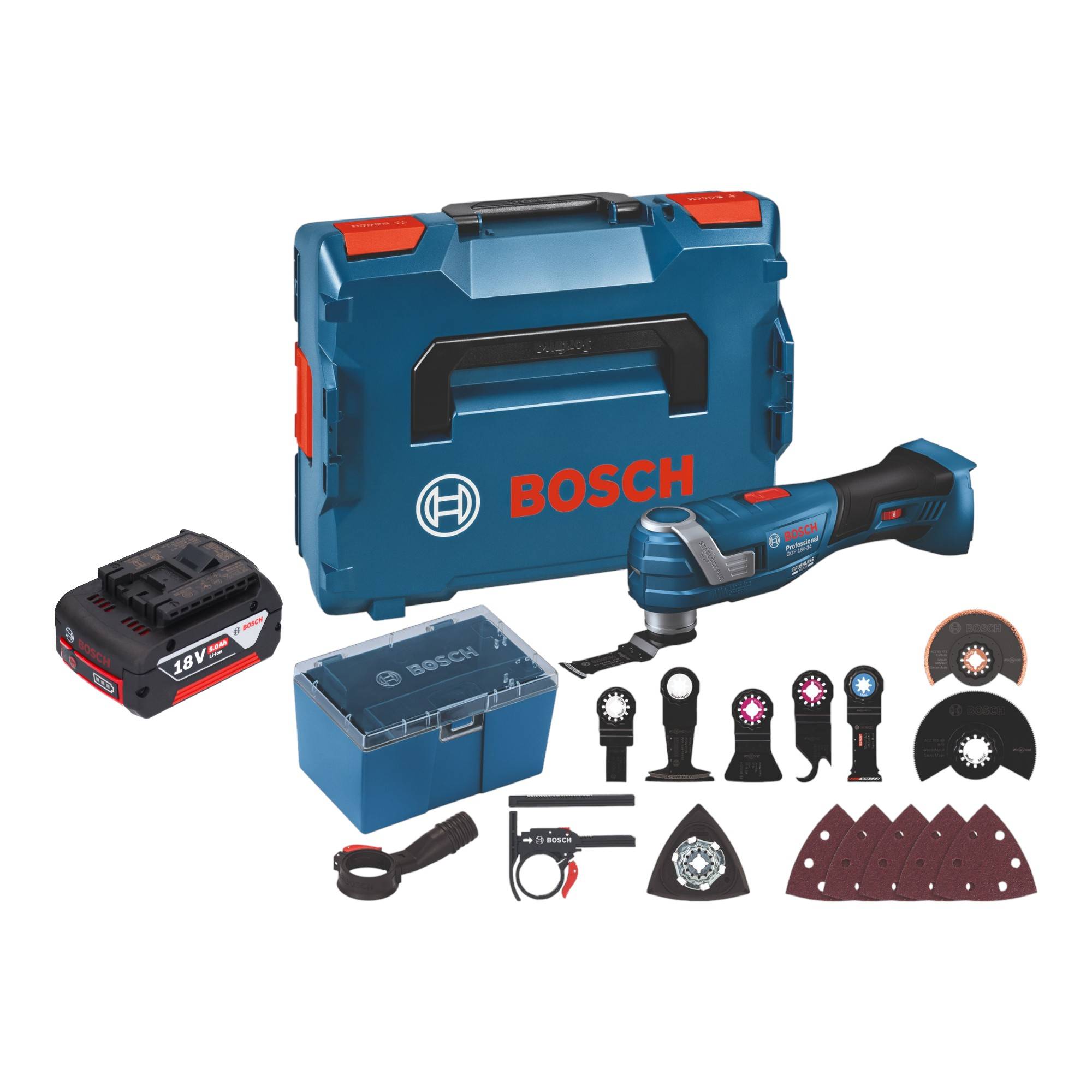 Bosch GOP 18V-34 Professional Akku Multi Cutter 18 V Starlock Plus + 1x Akku 5,0 Ah + 17 tlg. Zubehör + L-Boxx-0
