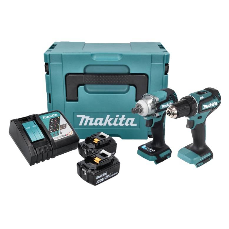 Makita DLX 2452 TJ Akku Kombo Kit KFZ DTW 300 Akku Schlagschrauber + DDF 485 Akku Bohrschrauber + 2x Akku 5,0-1
