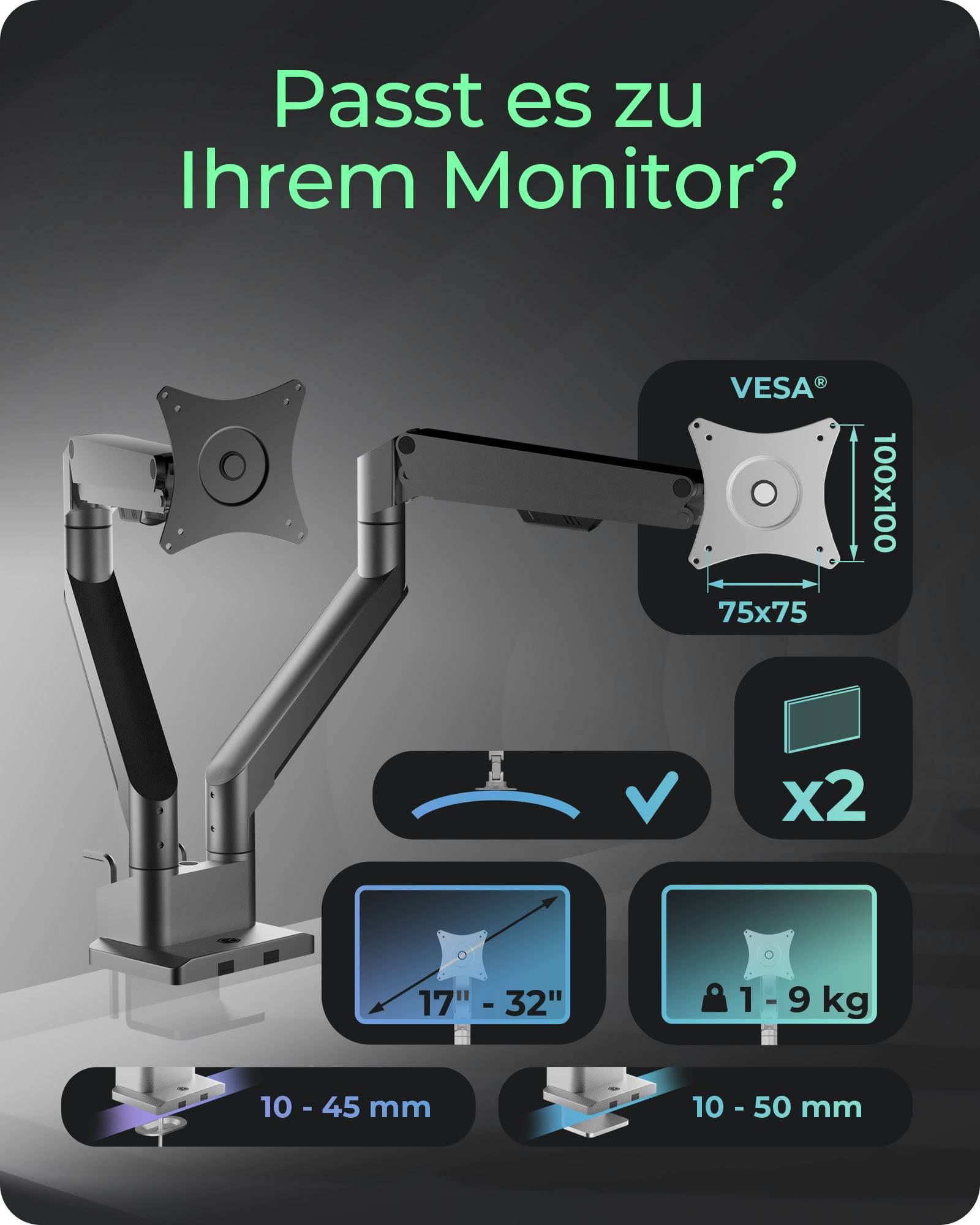IB-MS524-T, Monitorständer mit Tischhalterung für zwei Monitore bis zu 32" (81 cm)-4