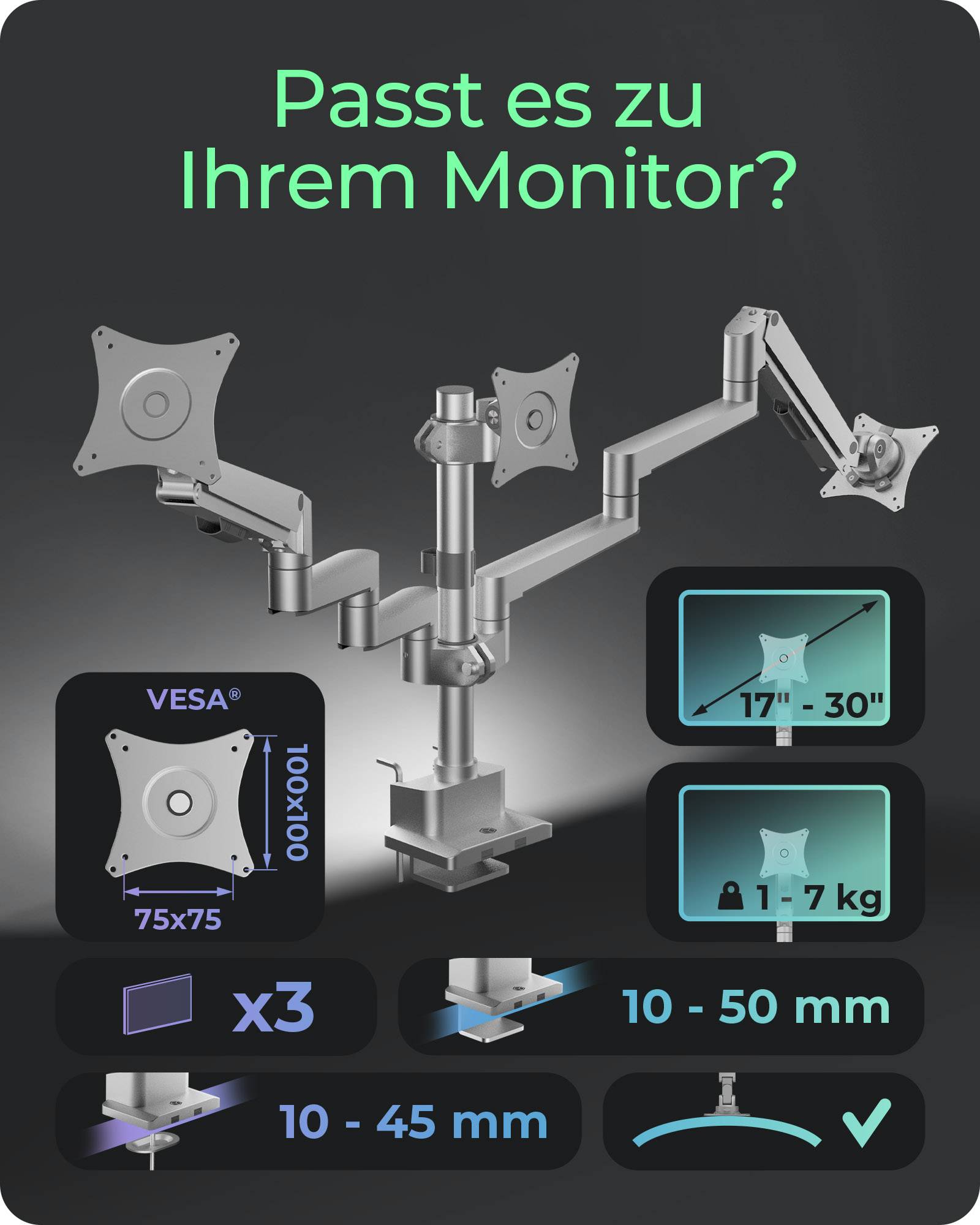 IB-MS525-T, Monitorständer mit Tischhalterung für drei Monitore bis zu 30" (76 cm)-4