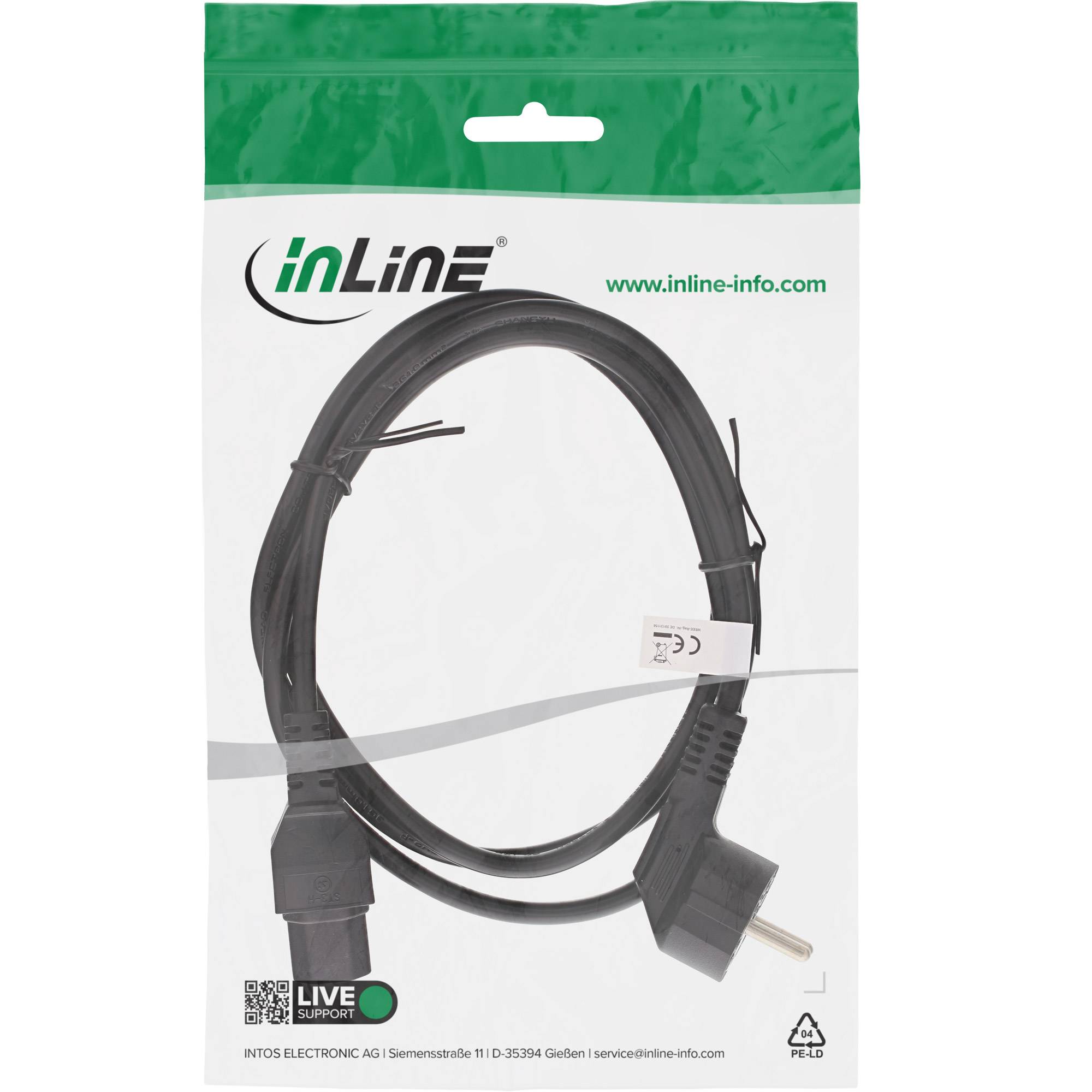 InLine® Netzkabel, Schutzkon. gew. auf Warmgerätest. C15 gerade, schwarz, 1,8m-3
