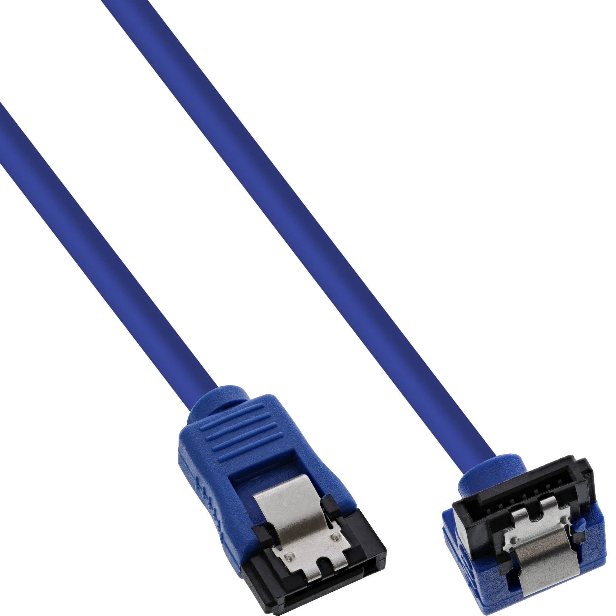 InLine® SATA 6Gb/s Anschlusskabel rund, abgewinkelt, blau, mit Lasche, 0,15m-0