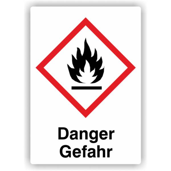 Gefahrensymbol GHS02 Flamme, Signalwort  Danger/Gefahr, Folie, 26 x 37  mm, 500 St./Rolle