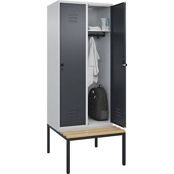 Spind Classic PLUS Sitzbank 2 Abteile lichtgrau / grau B 800 mm Sicherheits-Drehriegel untergebaut