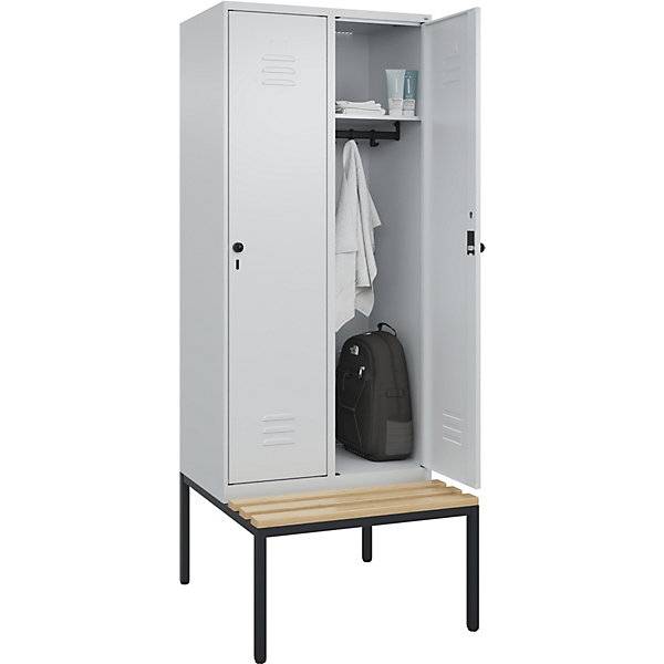 Spind Classic PLUS Sitzbank 2 Abteile lichtgrau B 800 mm Sicherheits-Drehriegel untergebaut Buche-Hartholz.