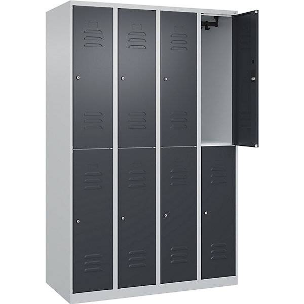 Doppelstock-Spind Classic PLUS 4 Abteile lichtgrau / grau HxB 1850 x 1200 mm mit Bodengleitern