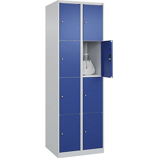 4er-Schließfachschrank Classic PLUS 2 Abteile lichtgrau / enzianblau B 600 mm 8 Fächer mit Bodengleitern. C+P