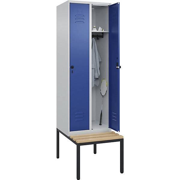 Spind Classic PLUS Sitzbank 2 Abteile lichtgrau / enzianblau B 600 mm Sicherheits-Drehriegel untergebaut