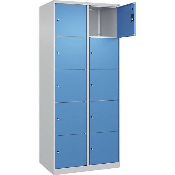 5er-Schließfachschrank Classic PLUS 2 Abteile lichtgrau / lichtblau B 800 mm 10 Fächer mit Bodengleitern. C+P-1