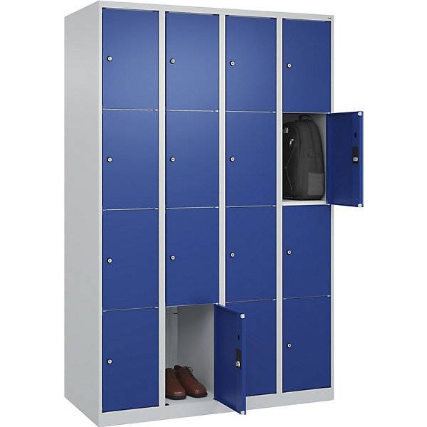 4er-Schließfachschrank Classic PLUS 4 Abteile lichtgrau / enzianblau B 1200 mm 16 Fächer mit Bodengleitern.