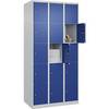 5er-Schließfachschrank Classic PLUS 3 Abteile lichtgrau / enzianblau B 900 mm 15 Fächer mit Bodengleitern.