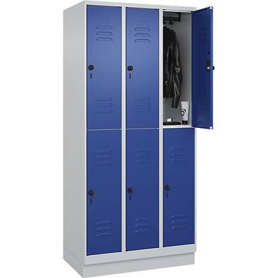 Doppelstock-Spind Classic PLUS 3 Abteile lichtgrau / enzianblau HxB 1950 x 900 mm mit Bodensockel Drehriegel.-0