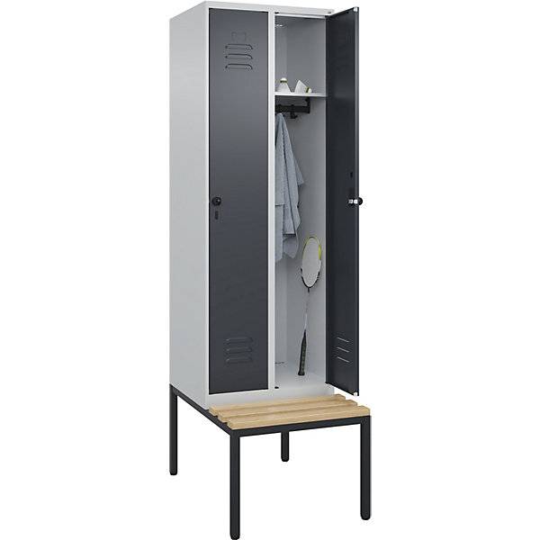Spind Classic PLUS Sitzbank 2 Abteile lichtgrau / grau B 600 mm Sicherheits-Drehriegel untergebaut