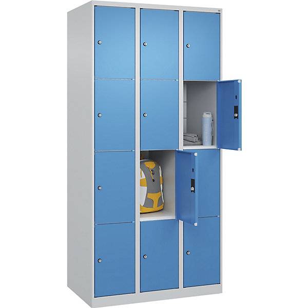 4er-Schließfachschrank Classic PLUS 3 Abteile lichtgrau / lichtblau B 900 mm 12 Fächer mit Bodengleitern. C+P-0