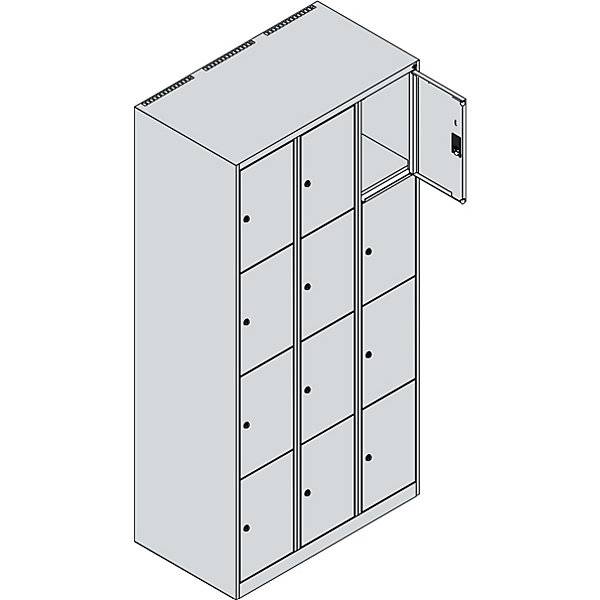 4er-Schließfachschrank Classic PLUS 3 Abteile lichtgrau / lichtblau B 900 mm 12 Fächer mit Bodengleitern. C+P-3