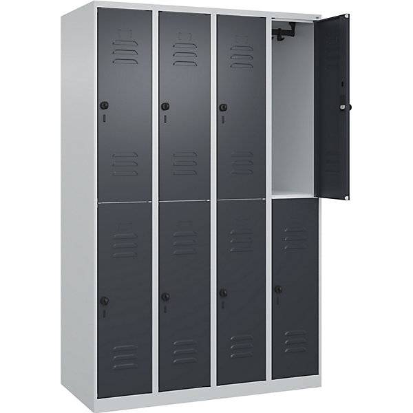 Doppelstock-Spind Classic PLUS 4 Abteile lichtgrau / grau HxB 1850 x 1200 mm mit Bodengleitern Drehriegel.