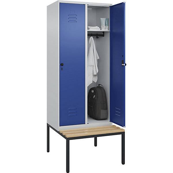 Spind Classic PLUS Sitzbank 2 Abteile lichtgrau / enzianblau B 800 mm Sicherheits-Drehriegel untergebaut