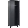 Schwarz-Weiß-Spind Classic PLUS schmal 2 Abteile verkürzte Trennwand mittig grau B 600 mm mit Füßen
