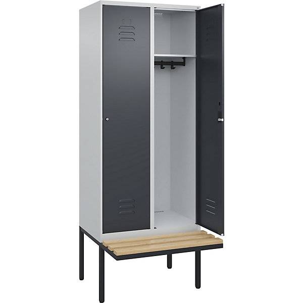Spind Classic PLUS Sitzbank 2 Abteile lichtgrau / grau B 800 mm Zylinderschloss auskragend Buche-Hartholz.