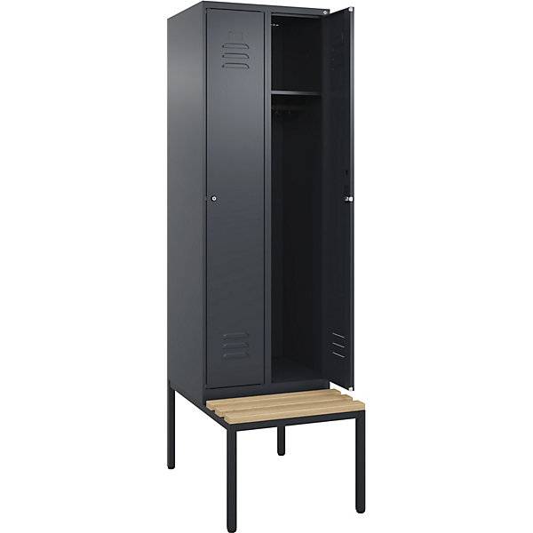Spind Classic PLUS Sitzbank 2 Abteile grau B 600 mm Zylinderschloss untergebaut Buche-Hartholz. C+P
