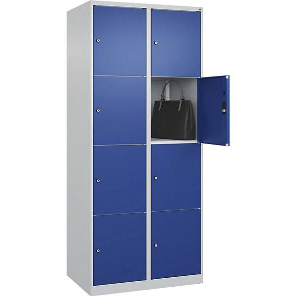 4er-Schließfachschrank Classic PLUS 2 Abteile lichtgrau / enzianblau B 800 mm 8 Fächer mit Bodengleitern. C+P