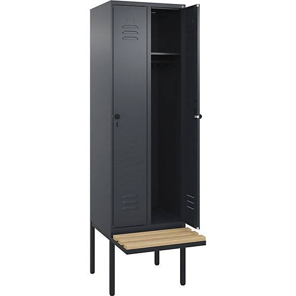 Spind Classic PLUS Sitzbank 2 Abteile grau B 600 mm Sicherheits-Drehriegel auskragend Buche-Hartholz. C+P