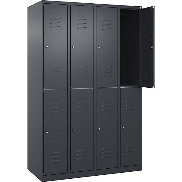 Doppelstock-Spind Classic PLUS 4 Abteile grau HxB 1850 x 1200 mm mit Bodengleitern Zylinderschloss. C+P
