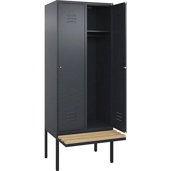 Spind Classic PLUS Sitzbank 2 Abteile grau B 800 mm Zylinderschloss auskragend Buche-Hartholz. C+P