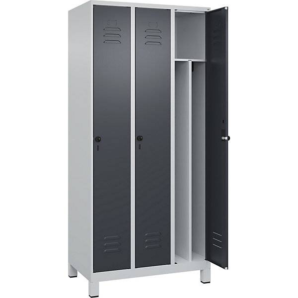 Schwarz-Weiß-Spind Classic PLUS schmal 3 Abteile verkürzte Trennwand mittig lichtgrau / grau B 900 mm mit