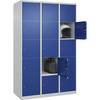 5er-Schließfachschrank Classic PLUS 3 Abteile lichtgrau / enzianblau B 1200 mm 15 Fächer mit Bodengleitern.
