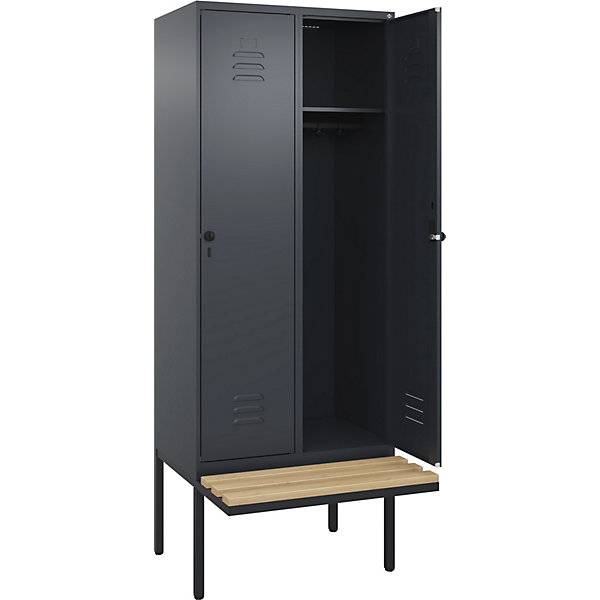 Spind Classic PLUS Sitzbank 2 Abteile grau B 800 mm Sicherheits-Drehriegel auskragend Buche-Hartholz. C+P