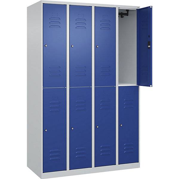 Doppelstock-Spind Classic PLUS 4 Abteile lichtgrau / enzianblau HxB 1850 x 1200 mm mit Bodengleitern