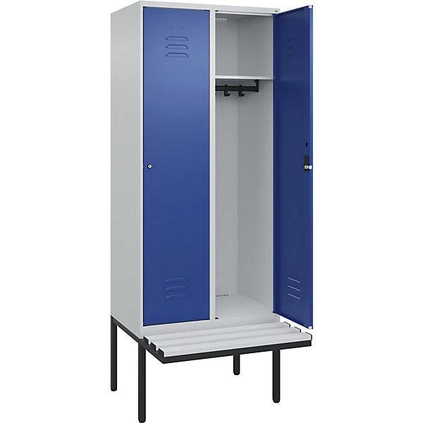 Spind Classic PLUS Sitzbank 2 Abteile lichtgrau / enzianblau B 800 mm Zylinderschloss auskragend Kunststoff.