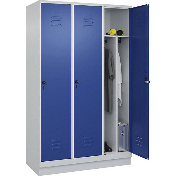 Schwarz-Weiß-Spind Classic PLUS schmal 3 Abteile verkürzte Trennwand mittig lichtgrau / enzianblau B 1200 mm-0
