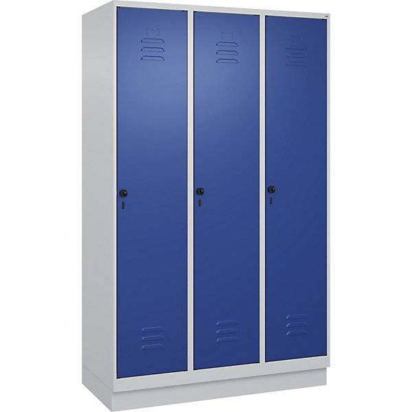 Schwarz-Weiß-Spind Classic PLUS schmal 3 Abteile verkürzte Trennwand mittig lichtgrau / enzianblau B 1200 mm-2