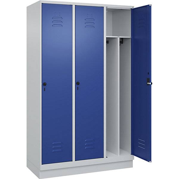 Schwarz-Weiß-Spind Classic PLUS schmal 3 Abteile verkürzte Trennwand mittig lichtgrau / enzianblau B 1200 mm-3