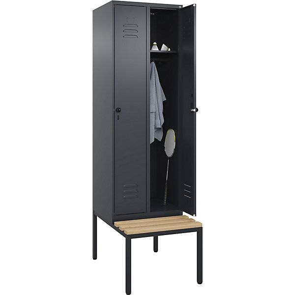 Spind Classic PLUS Sitzbank 2 Abteile grau B 600 mm Sicherheits-Drehriegel untergebaut Buche-Hartholz. C+P